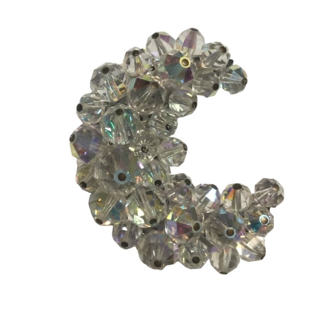 Vtg Glass bead brooch pin half moon crescent silver celestial astrology Islam 2"